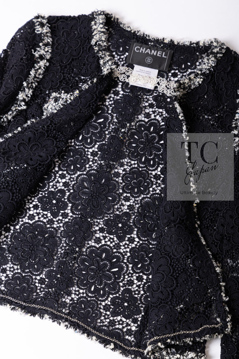 CHANEL 04S Camellia Black Lace Cardigan Jacket Skirt Set up 38 シャネル カメリア ブラック レース カーディガン ジャケット スカート セットアップ 即発