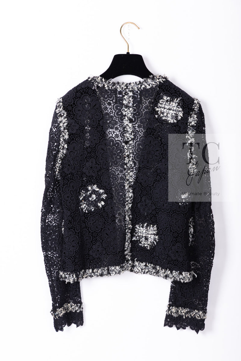 CHANEL 04S Camellia Black Lace Cardigan Jacket Skirt Set up 38 シャネル カメリア ブラック レース カーディガン ジャケット スカート セットアップ 即発