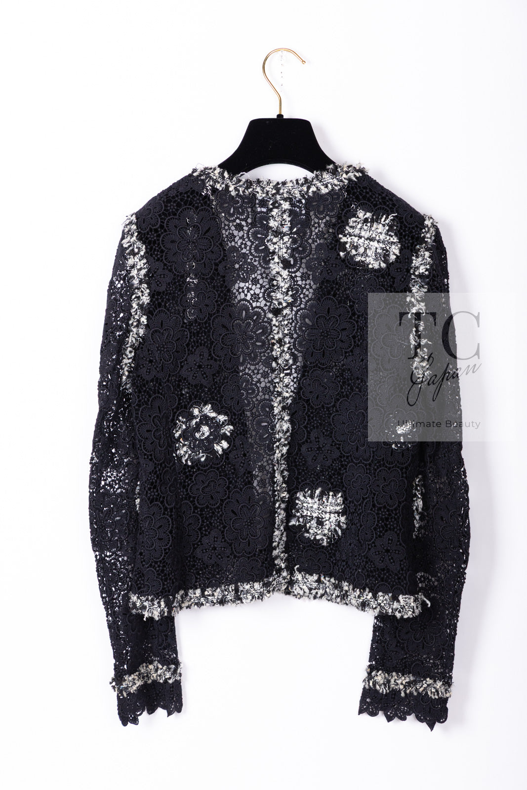 CHANEL 04S Camellia Pale Black Lace Cardigan Jacket 38 シャネル カメリア ブラック レース カーディガン ジャケット 即発