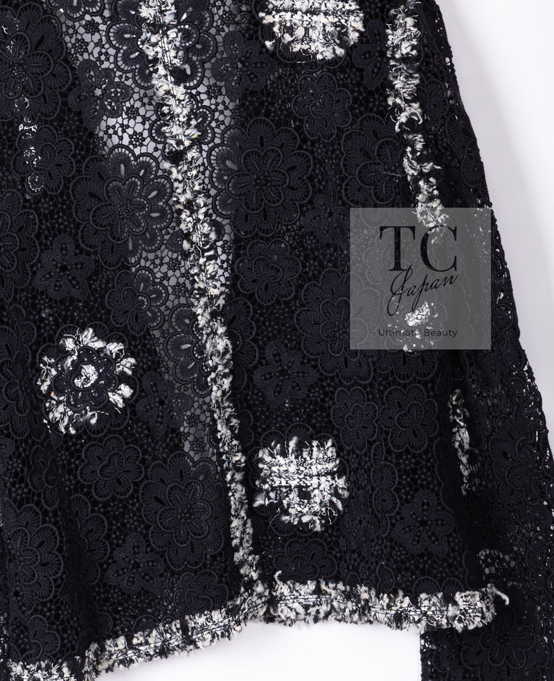 CHANEL 04S Camellia Black Lace Cardigan Jacket Skirt Set up 38 シャネル カメリア ブラック レース カーディガン ジャケット スカート セットアップ 即発