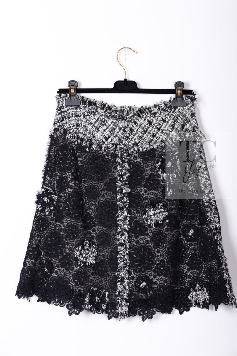 CHANEL 04S Camellia Black Lace Cardigan Jacket Skirt Set up 38 シャネル カメリア ブラック レース カーディガン ジャケット スカート セットアップ 即発