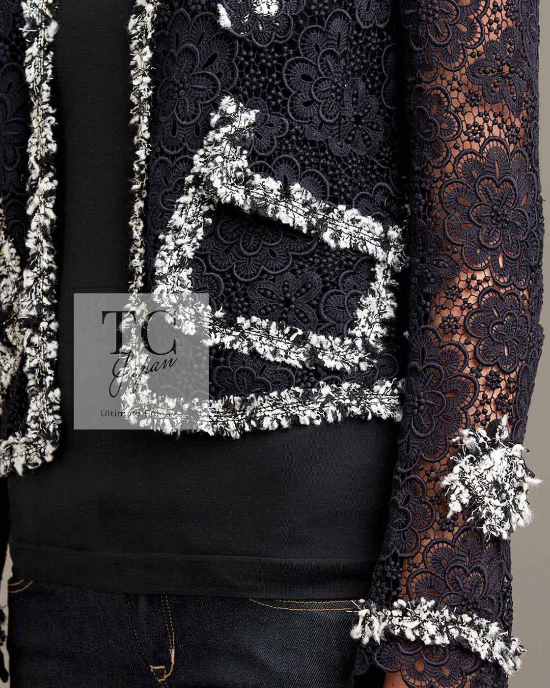 CHANEL 04S Camellia Pale Black Lace Cardigan Jacket 38 シャネル カメリア ブラック レース カーディガン ジャケット