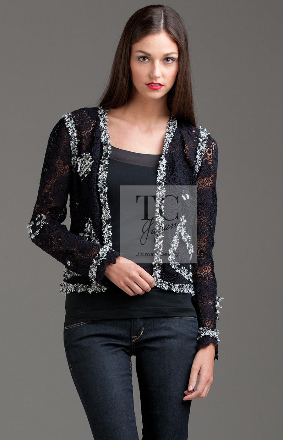 CHANEL 04S Camellia Pale Black Lace Cardigan Jacket 38 シャネル カメリア ブラック レース カーディガン ジャケット