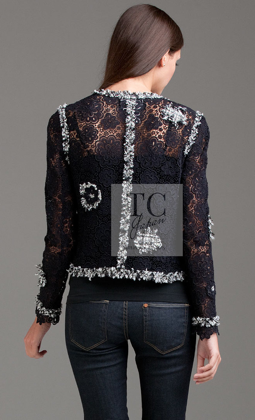 CHANEL 04S Camellia Black Lace Cardigan Jacket Skirt Set up 38 シャネル カメリア ブラック レース カーディガン ジャケット スカート セットアップ 即発