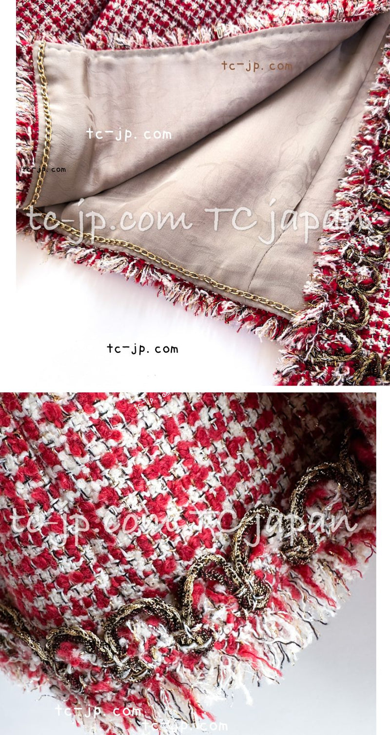 CHANEL 10C Red Metallic Gold Trim Tweed Jacket Skirt Suit 40 42 シャネル レッド メタリック ゴールド トリム フリンジ ツイード ジャケット スカート スーツ 即発