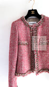 CHANEL 10C Red Metallic Gold Trim Tweed Jacket Skirt Suit 40 42 シャネル レッド メタリック ゴールド トリム フリンジ ツイード ジャケット スカート スーツ 即発