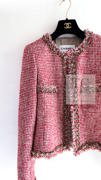 CHANEL 10C Red Metallic Gold Trim Tweed Jacket Skirt Suit 40 42 シャネル レッド メタリック ゴールド トリム フリンジ ツイード ジャケット スカート スーツ 即発