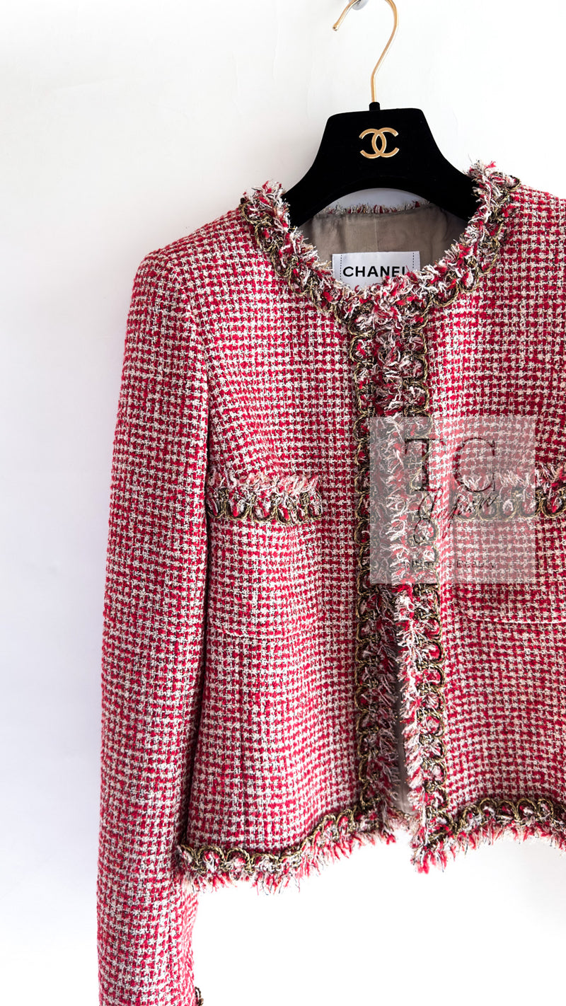 CHANEL 10C Red Metallic Gold Trim Tweed Jacket Skirt Suit 40 42 シャネル レッド メタリック ゴールド トリム フリンジ ツイード ジャケット スカート スーツ 即発