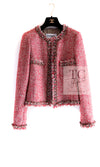 CHANEL 10C Red Metallic Gold Trim Tweed Jacket Skirt Suit 40 42 シャネル レッド メタリック ゴールド トリム フリンジ ツイード ジャケット スカート スーツ 即発