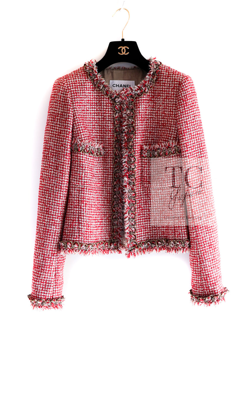 CHANEL 10C Red Metallic Gold Trim Tweed Jacket Skirt Suit 40 42 シャネル レッド メタリック ゴールド トリム フリンジ ツイード ジャケット スカート スーツ 即発
