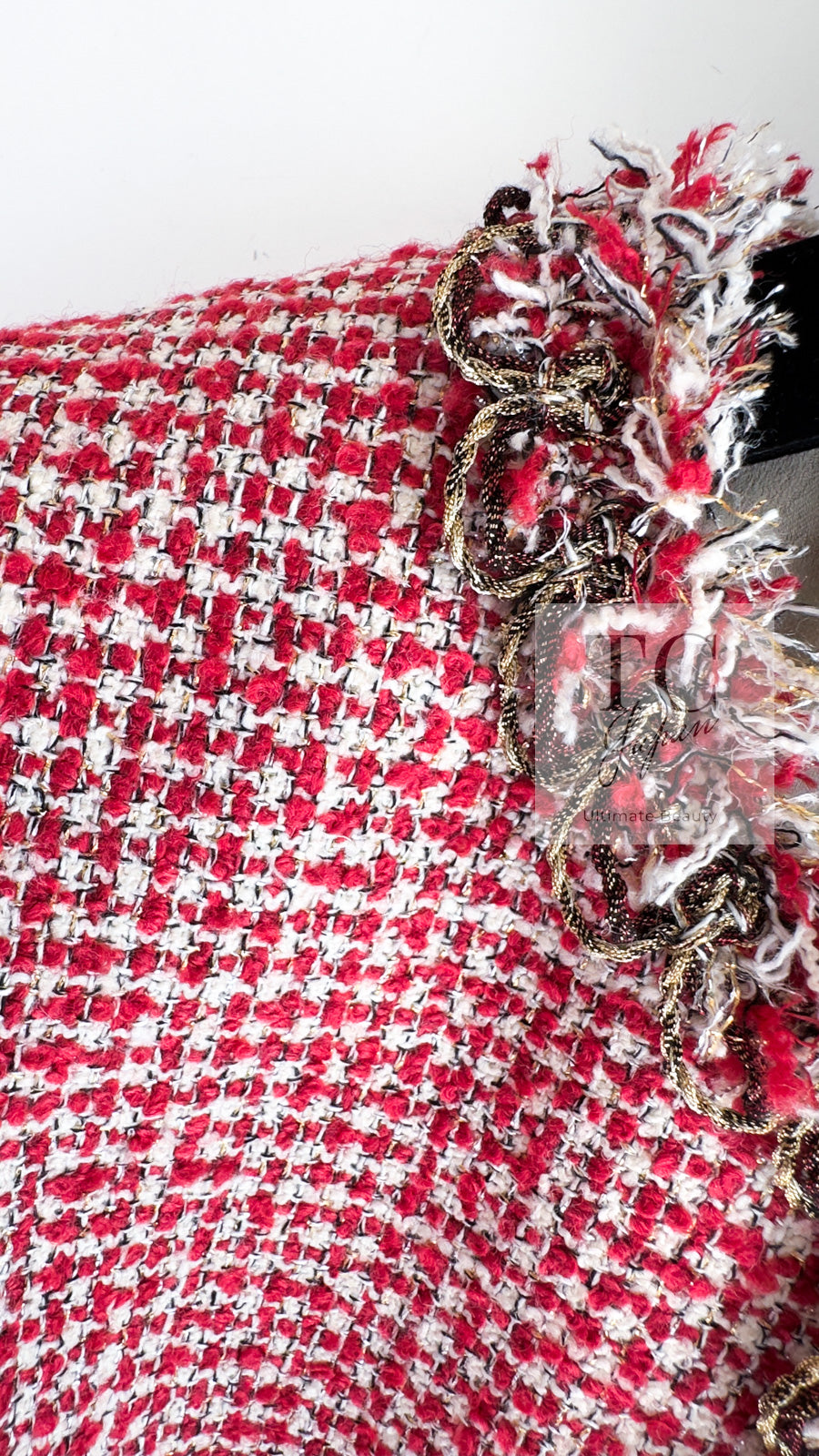 CHANEL 10C Red Metallic Gold Trim Tweed Jacket Skirt Suit 40 42 シャネル レッド メタリック ゴールド トリム フリンジ ツイード ジャケット スカート スーツ 即発