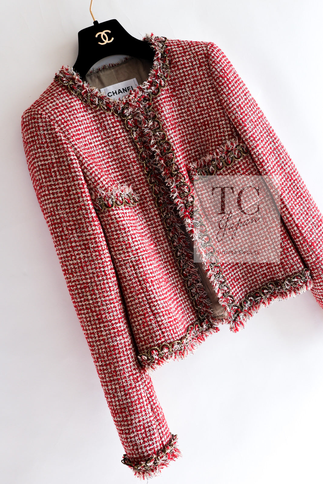 シャネル ジャケット スーツ CHANEL レッド メタリック ゴールド