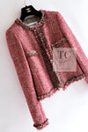 CHANEL 10C Red Metallic Gold Trim Tweed Jacket Skirt Suit 40 42 シャネル レッド メタリック ゴールド トリム フリンジ ツイード ジャケット スカート スーツ 即発