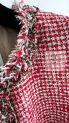 CHANEL 10C Red Metallic Gold Trim Tweed Jacket Skirt Suit 40 42 シャネル レッド メタリック ゴールド トリム フリンジ ツイード ジャケット スカート スーツ 即発