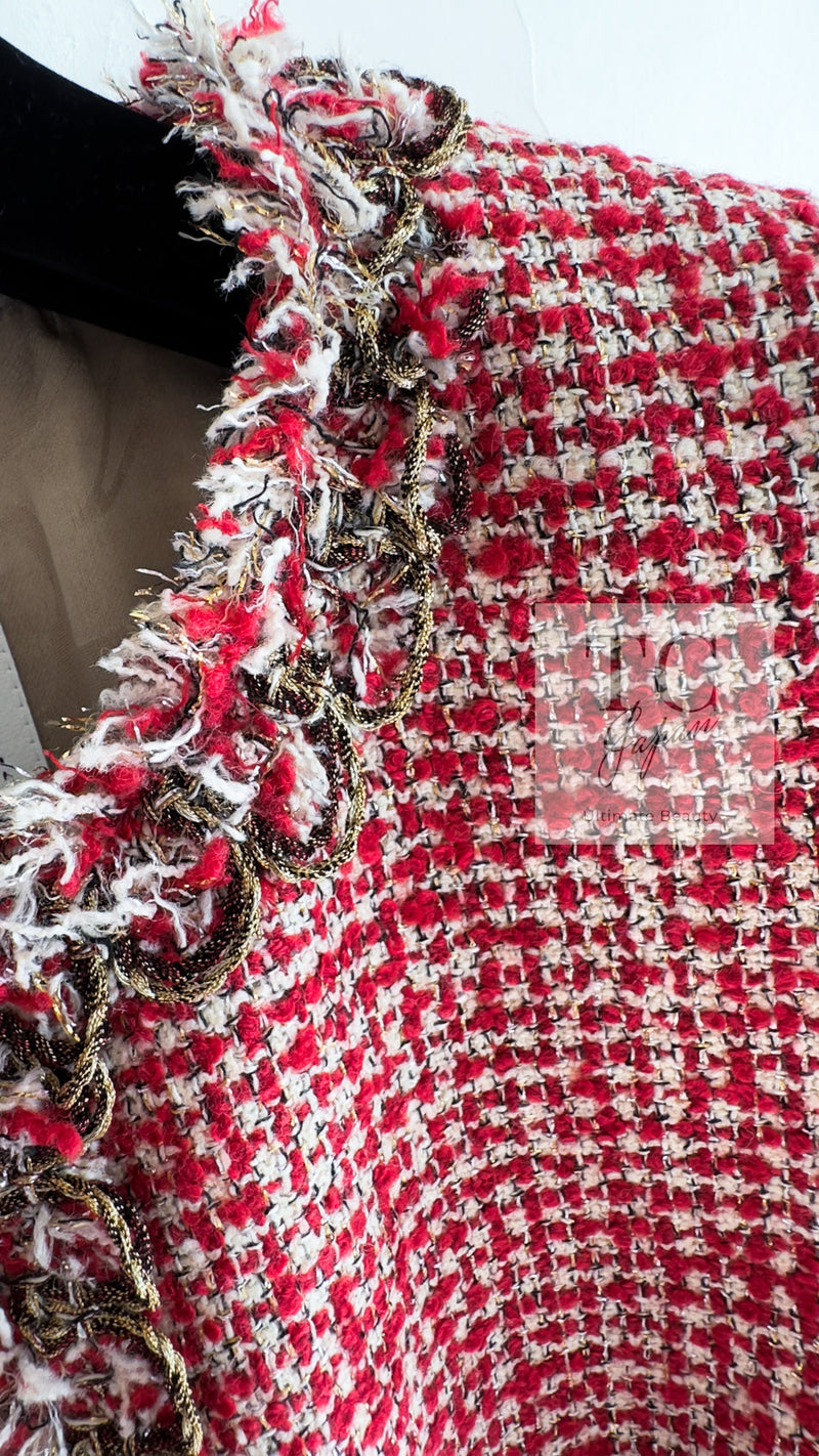 CHANEL 10C Red Metallic Gold Trim Tweed Jacket Skirt Suit 40 42 シャネル レッド メタリック ゴールド トリム フリンジ ツイード ジャケット スカート スーツ 即発