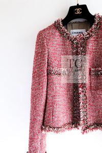CHANEL 10C Red Metallic Gold Trim Tweed Jacket Skirt Suit 40 42 シャネル レッド メタリック ゴールド トリム フリンジ ツイード ジャケット スカート スーツ 即発