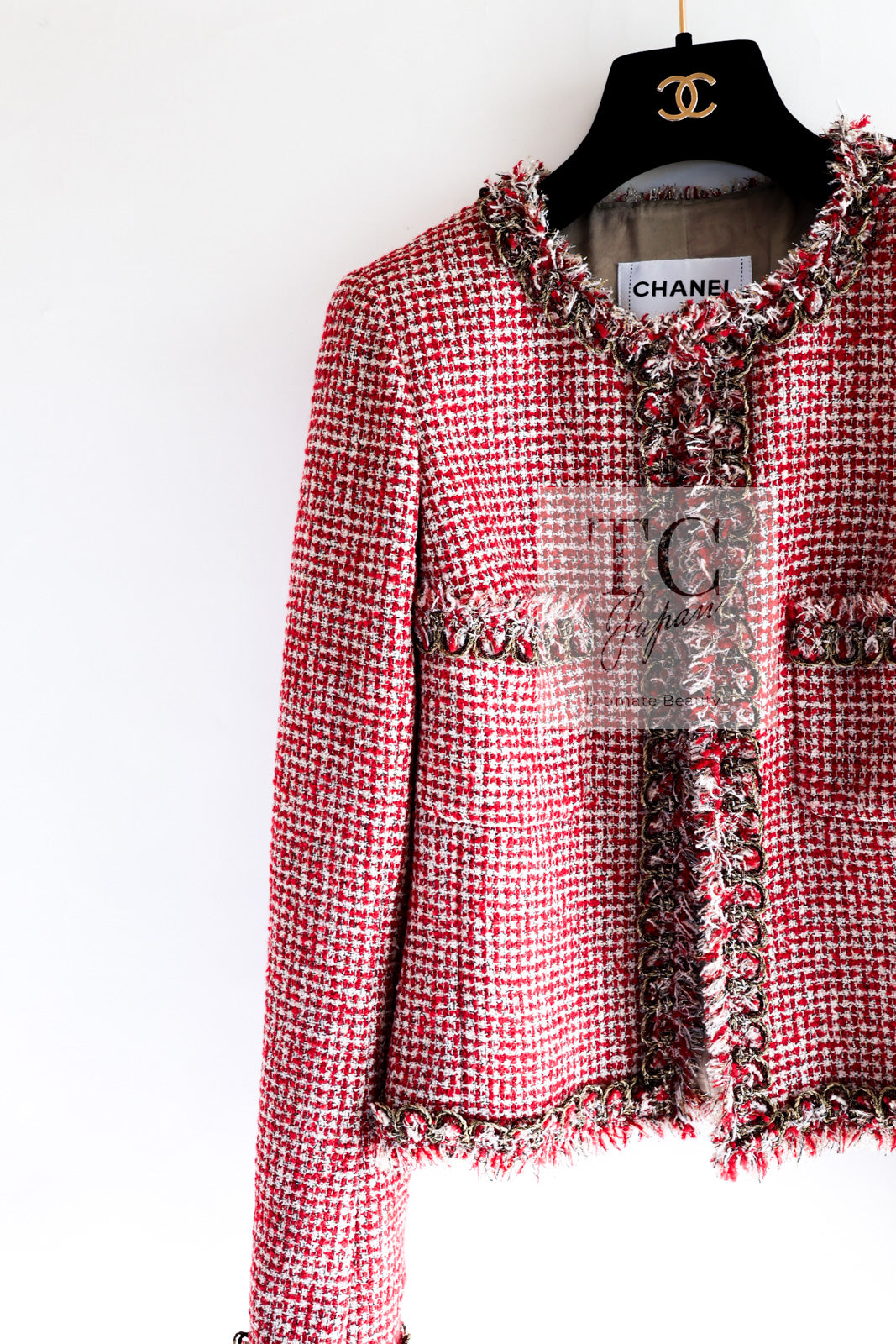 CHANEL 10C Red Metallic Gold Trim Tweed Jacket Skirt Suit 40 42 シャネル レッド メタリック ゴールド トリム フリンジ ツイード ジャケット スカート スーツ 即発