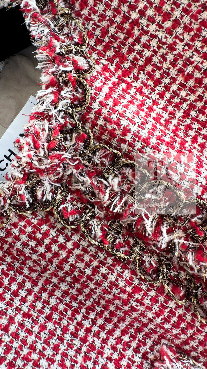 CHANEL 10C Red Metallic Gold Trim Tweed Jacket Skirt Suit 40 42 シャネル レッド メタリック ゴールド トリム フリンジ ツイード ジャケット スカート スーツ 即発