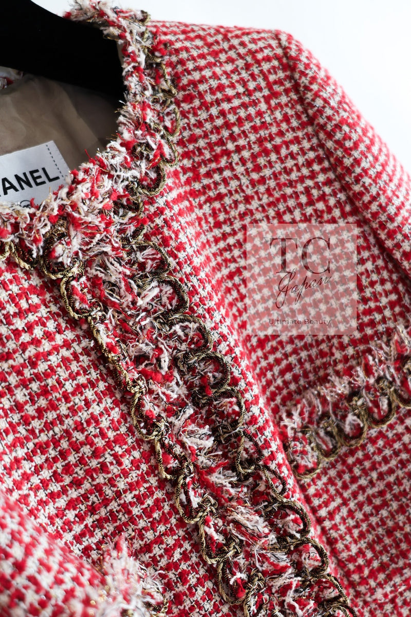CHANEL 10C Red Metallic Gold Trim Tweed Jacket Skirt Suit 40 42 シャネル レッド メタリック ゴールド トリム フリンジ ツイード ジャケット スカート スーツ 即発
