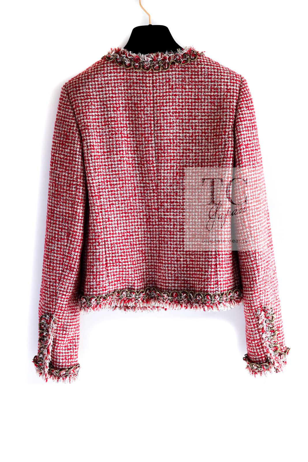 CHANEL 10C Red Metallic Gold Trim Tweed Jacket Skirt Suit 40 42 シャネル レッド メタリック ゴールド トリム フリンジ ツイード ジャケット スカート スーツ 即発
