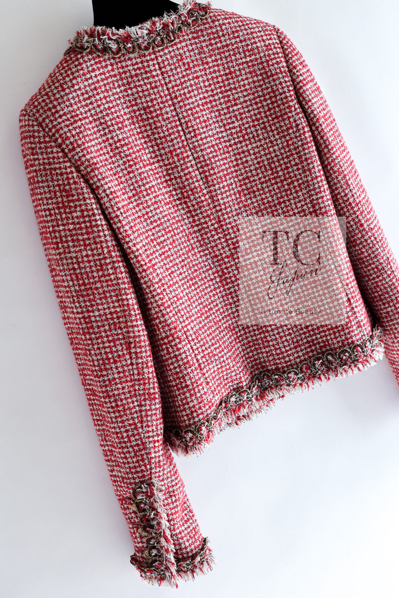 CHANEL 10C Red Metallic Gold Trim Tweed Jacket Skirt Suit 40 42 シャネル レッド メタリック ゴールド トリム フリンジ ツイード ジャケット スカート スーツ 即発