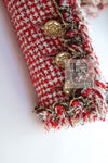CHANEL 10C Red Metallic Gold Trim Tweed Jacket Skirt Suit 40 42 シャネル レッド メタリック ゴールド トリム フリンジ ツイード ジャケット スカート スーツ 即発
