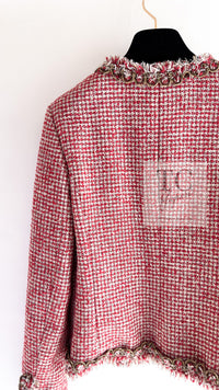 CHANEL 10C Red Metallic Gold Trim Tweed Jacket Skirt Suit 40 42 シャネル レッド メタリック ゴールド トリム フリンジ ツイード ジャケット スカート スーツ 即発