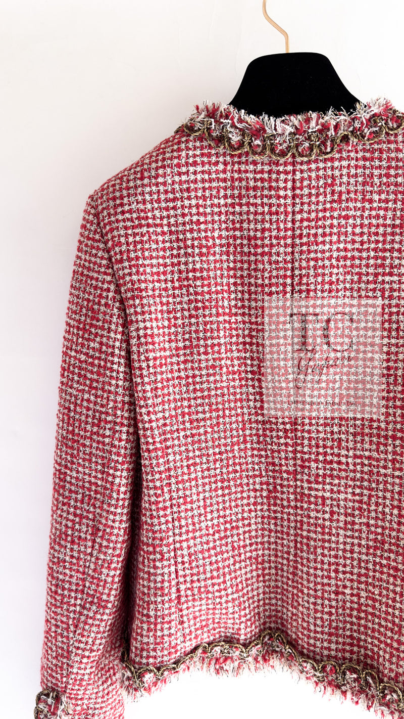 CHANEL 10C Red Metallic Gold Trim Tweed Jacket Skirt Suit 40 42 シャネル レッド メタリック ゴールド トリム フリンジ ツイード ジャケット スカート スーツ 即発