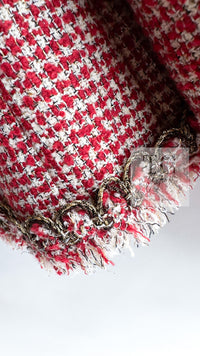 CHANEL 10C Red Metallic Gold Trim Tweed Jacket Skirt Suit 40 42 シャネル レッド メタリック ゴールド トリム フリンジ ツイード ジャケット スカート スーツ 即発