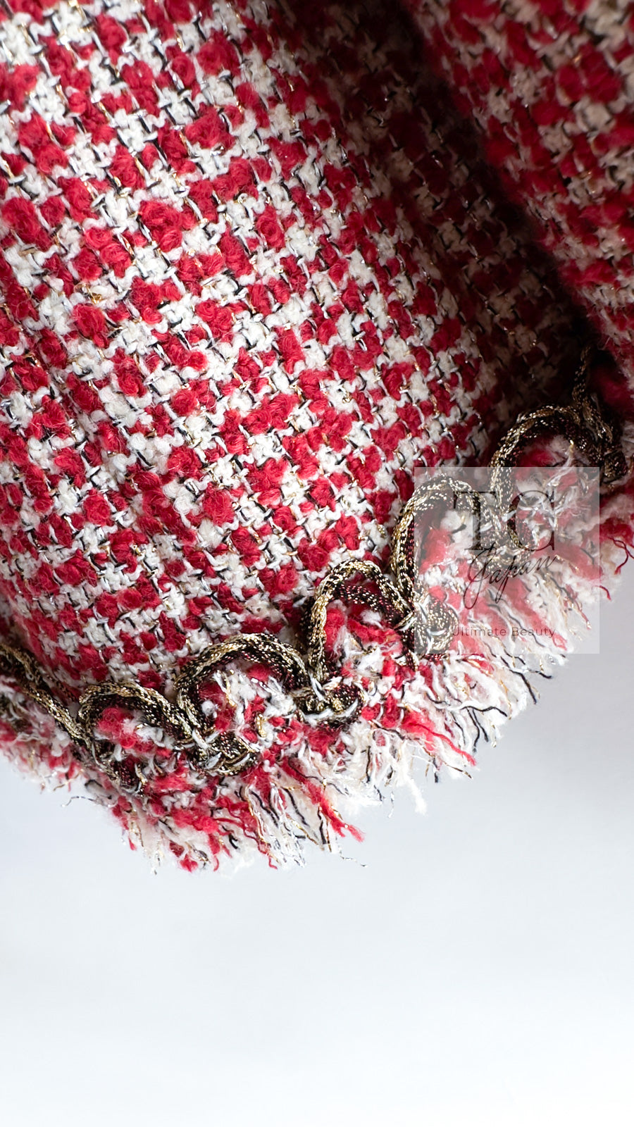 CHANEL 10C Red Metallic Gold Trim Tweed Jacket Skirt Suit 40 42 シャネル レッド メタリック ゴールド トリム フリンジ ツイード ジャケット スカート スーツ 即発