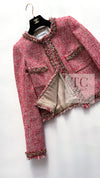 CHANEL 10C Red Metallic Gold Trim Tweed Jacket Skirt Suit 40 42 シャネル レッド メタリック ゴールド トリム フリンジ ツイード ジャケット スカート スーツ 即発