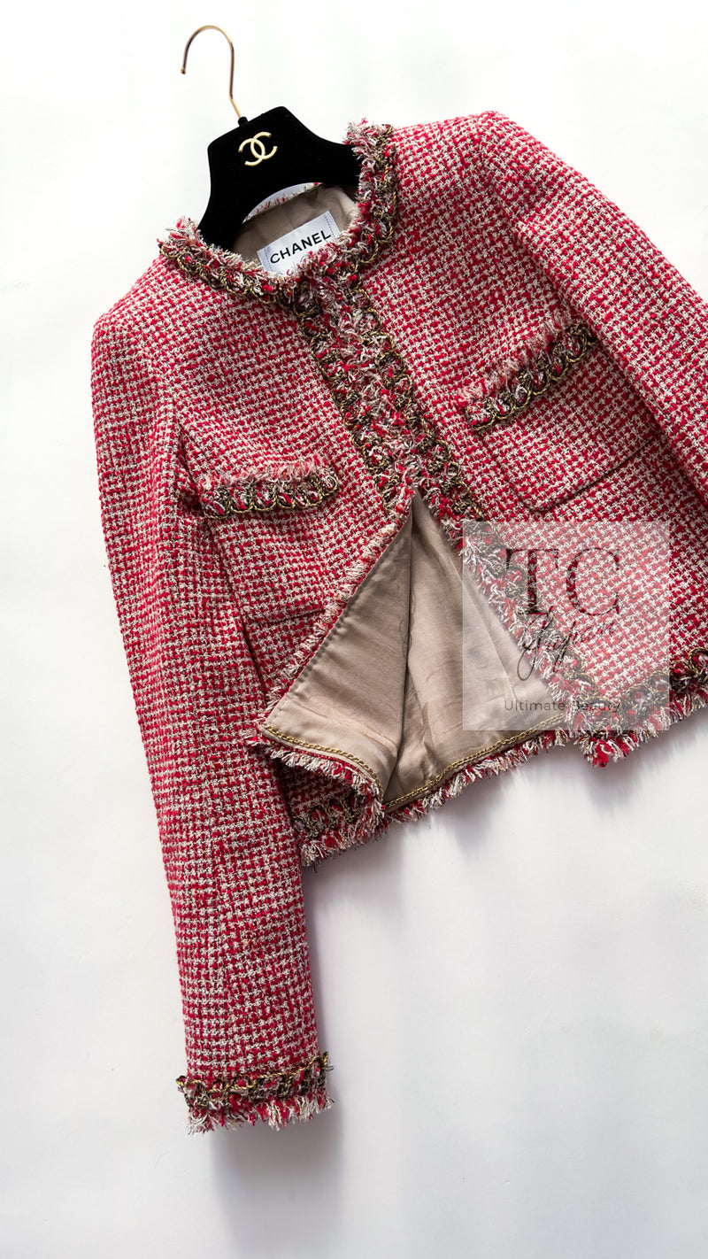 CHANEL 10C Red Metallic Gold Trim Tweed Jacket Skirt Suit 40 42 シャネル レッド メタリック ゴールド トリム フリンジ ツイード ジャケット スカート スーツ 即発