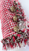 CHANEL 10C Red Metallic Gold Trim Tweed Jacket Skirt Suit 40 42 シャネル レッド メタリック ゴールド トリム フリンジ ツイード ジャケット スカート スーツ 即発