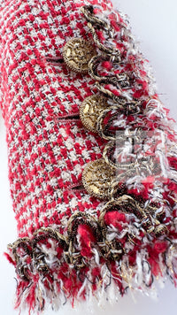 CHANEL 10C Red Metallic Gold Trim Tweed Jacket Skirt Suit 40 42 シャネル レッド メタリック ゴールド トリム フリンジ ツイード ジャケット スカート スーツ 即発