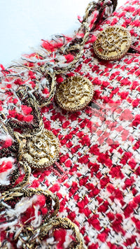 CHANEL 10C Red Metallic Gold Trim Tweed Jacket Skirt Suit 40 42 シャネル レッド メタリック ゴールド トリム フリンジ ツイード ジャケット スカート スーツ 即発