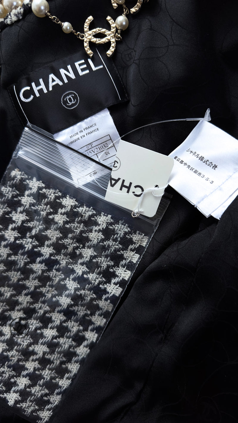 CHANEL 07S Black Houndstooth Fringe Silk Linen Wool Tweed Jacket 36 40 シャネル フリンジ ツイード ジャケット スカート スーツ 千鳥格子 即発