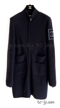 CHANEL 08A Black Wool Sport Knit CC Logo Zipper Coat Cardigan 36 シャネル ブラック ウール100 大きめ CC ロゴ ニット ロング カーディガン コート 即発