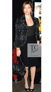 CHANEL 08C Black Beaded Chain Cotton Wool Tweed Jacket Skirt Suit 38 シャネル ブラック ビーズ チェーン コットン ウール ツイード ジャケット スカート スーツ 即発
