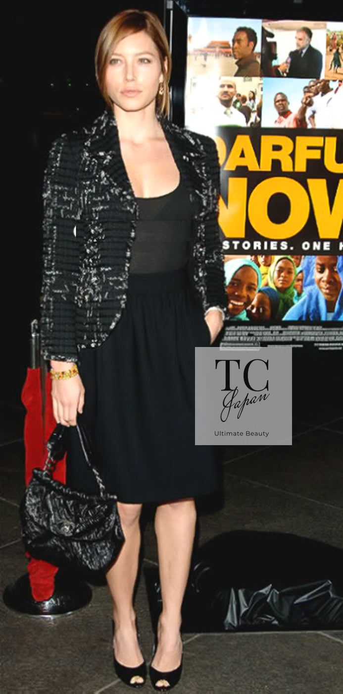 CHANEL 08C Black Beaded Chain Cotton Wool Tweed Jacket Skirt Suit 38 シャネル ブラック ビーズ チェーン コットン ウール ツイード ジャケット スカート スーツ 即発