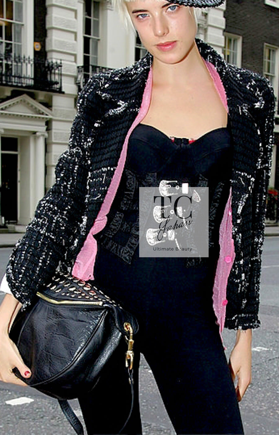 CHANEL 08C Black Beaded Chain Cotton Wool Tweed Jacket Skirt Suit 38 シャネル ブラック ビーズ チェーン コットン ウール ツイード ジャケット スカート スーツ 即発