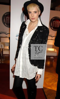 CHANEL 08C Black Beaded Chain Cotton Wool Tweed Jacket Skirt Suit 38 シャネル ブラック ビーズ チェーン コットン ウール ツイード ジャケット スカート スーツ 即発