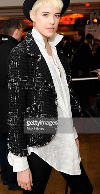 CHANEL 08C Black Beaded Chain Cotton Wool Tweed Jacket Skirt Suit 38 シャネル ブラック ビーズ チェーン コットン ウール ツイード ジャケット スカート スーツ 即発