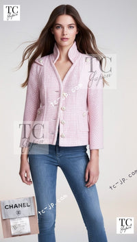 CHANEL 09C Pink Wool Silk Alpaca Silk Stand Collar Camellia Buttons Jacket 38 シャネル ピンク ウール アルパカ シルク スタンド カラー カメリア ボタン ジャケット 即発 - TC JAPAN