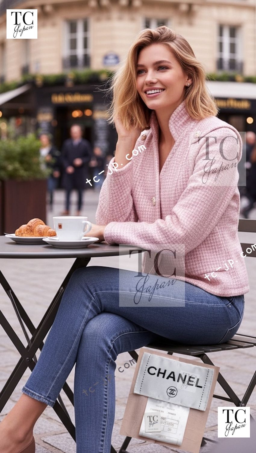 CHANEL 09C Pink Wool Silk Alpaca Silk Stand Collar Camellia Buttons Jacket 38 シャネル ピンク ウール アルパカ シルク スタンド カラー カメリア ボタン ジャケット 即発 - TC JAPAN