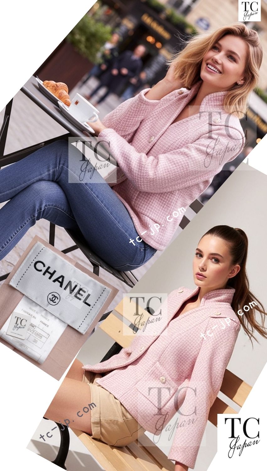 CHANEL 09C Pink Wool Silk Alpaca Silk Stand Collar Camellia Buttons Jacket 38 シャネル ピンク ウール アルパカ シルク スタンド カラー カメリア ボタン ジャケット 即発 - TC JAPAN