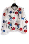 CHANEL 10S Ivory Flower Silk Cotton Knit Cardigan 34 シャネル アイボリー 花柄 アップリケ 刺繍 クロシェ シルク コットン ニット カーディガン 即発