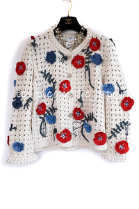 CHANEL 10S Ivory Flower Silk Cotton Knit Cardigan 34 シャネル アイボリー 花柄 アップリケ 刺繍 クロシェ シルク コットン ニット カーディガン 即発