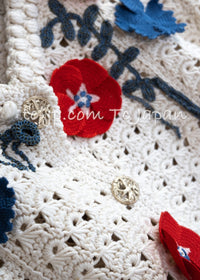 CHANEL 10S Ivory Flower Silk Cotton Knit Cardigan 34 シャネル アイボリー 花柄 アップリケ 刺繍 クロシェ シルク コットン ニット カーディガン 即発