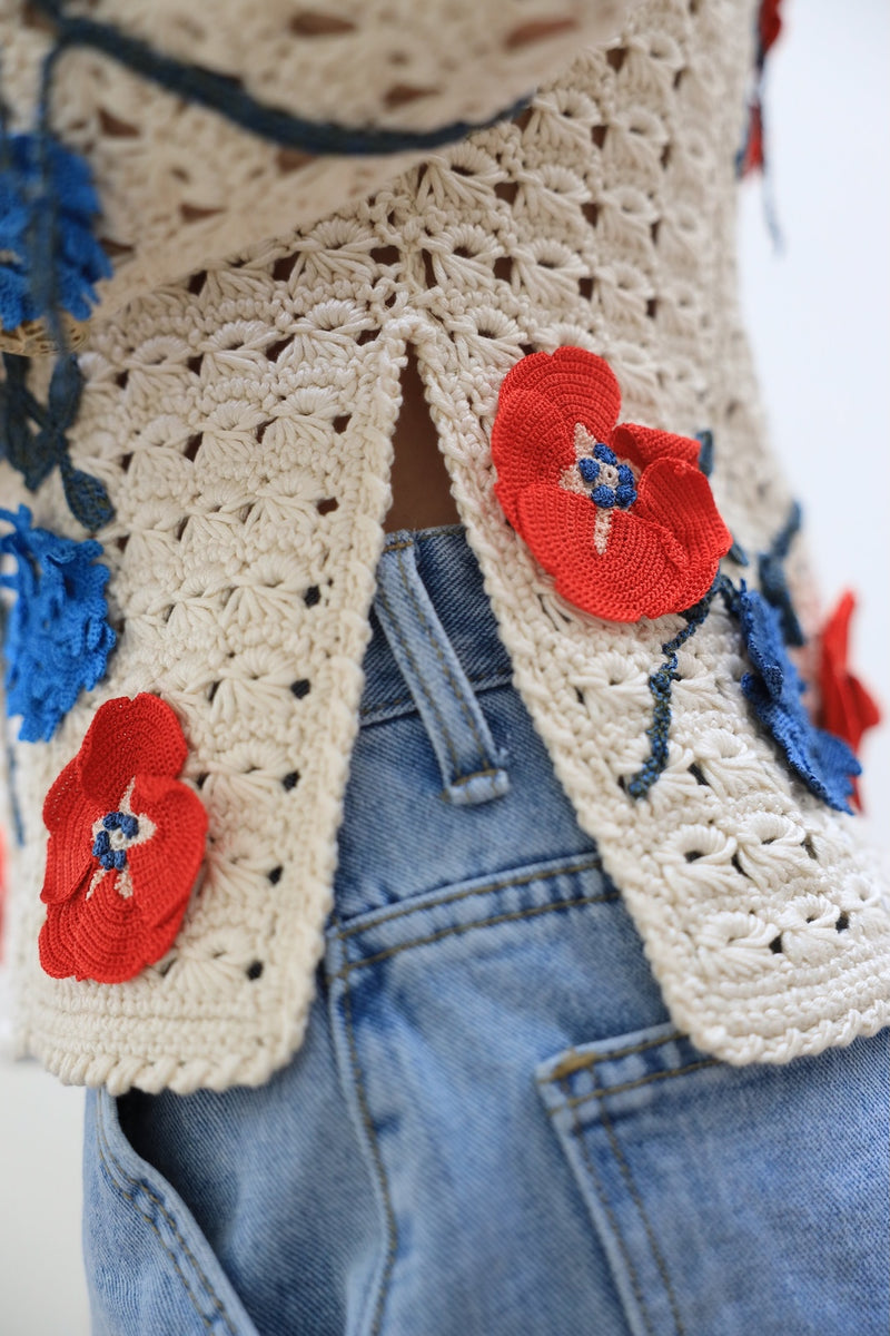 CHANEL 10S Ivory Flower Silk Cotton Knit Cardigan 34 シャネル アイボリー 花柄 アップリケ 刺繍 クロシェ シルク コットン ニット カーディガン 即発