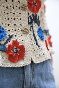 CHANEL 10S Ivory Flower Silk Cotton Knit Cardigan 34 シャネル アイボリー 花柄 アップリケ 刺繍 クロシェ シルク コットン ニット カーディガン 即発